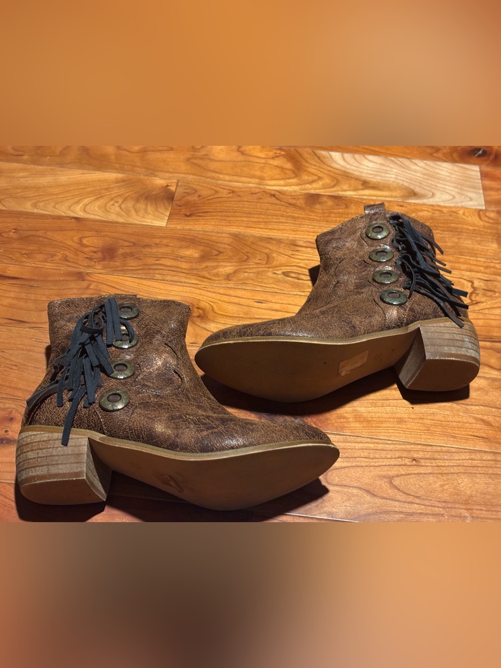 Avanti Brown Faux-Leather Fringe Ankle Booties with Button Eyelets